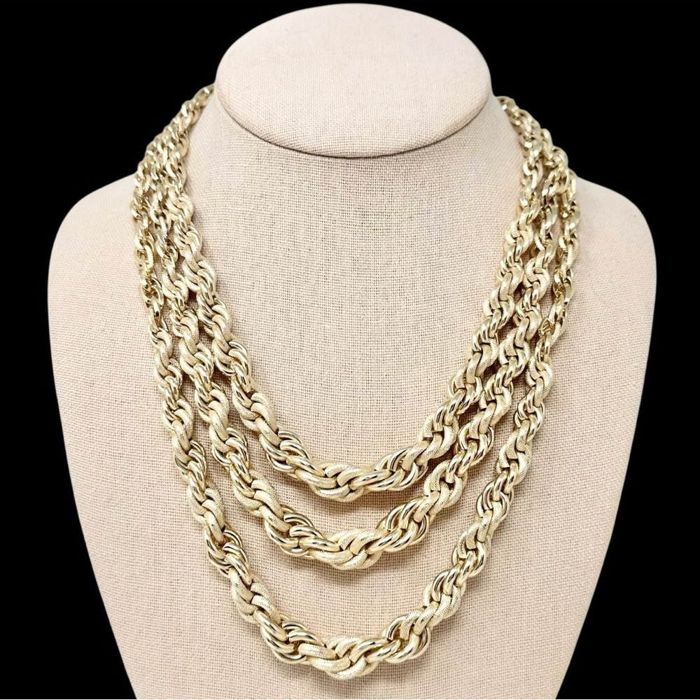 West Germany Soft Gold Tone 3 Row Layered Chunky Rope Chain Necklace